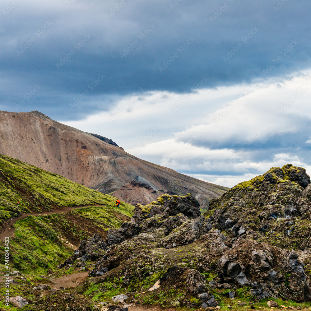 Hiking in colorful mountains of Landmannalaugar, Iceland
