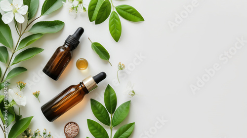Flat lay of essential oils in bottles with various herbs and leaves on white background. photo