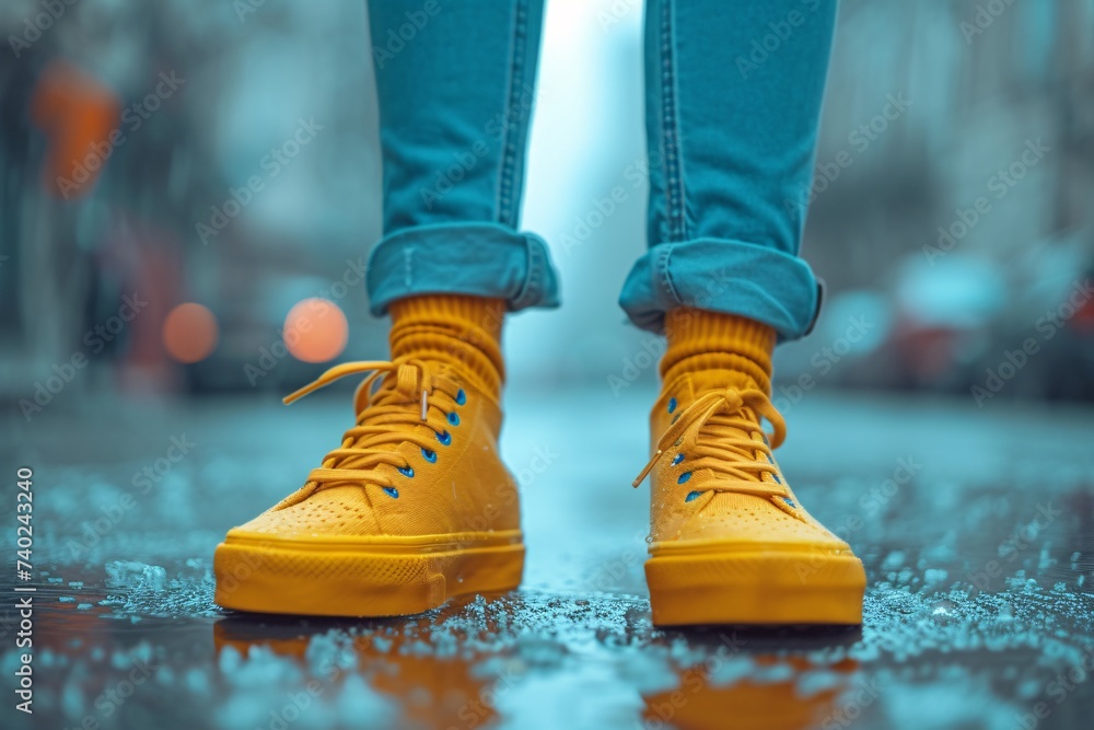 A stylish individual walks confidently in their vibrant yellow shoes and blue jeans, their feet adorned with the perfect combination of comfort and fashion A stylish individual walks confidently in their vibrant yellow shoes and blue jeans, their feet adorned with the perfect combination of comfort and fashion