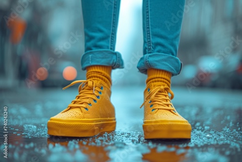 A stylish individual walks confidently in their vibrant yellow shoes and blue jeans, their feet adorned with the perfect combination of comfort and fashion