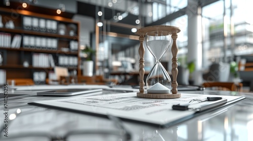 A glass hourglass on a study table, symbolizing managing time wisely for a student