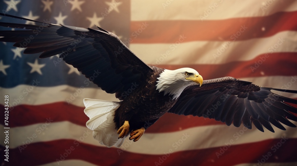 Bald eagle flies against American flag background. - obrazy, fototapety, plakaty 