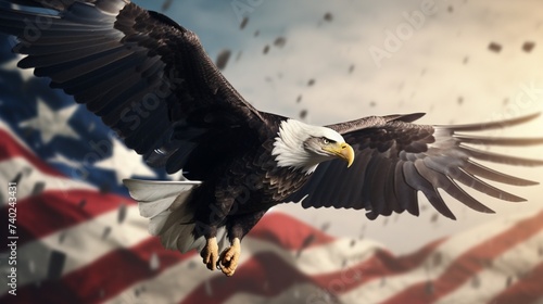Bald eagle flies against American flag background.
