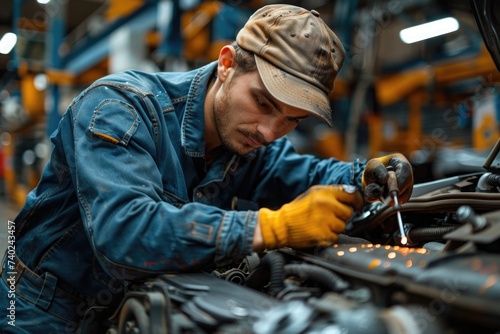 Young Mechanic Focused on Car Engine Repair © P