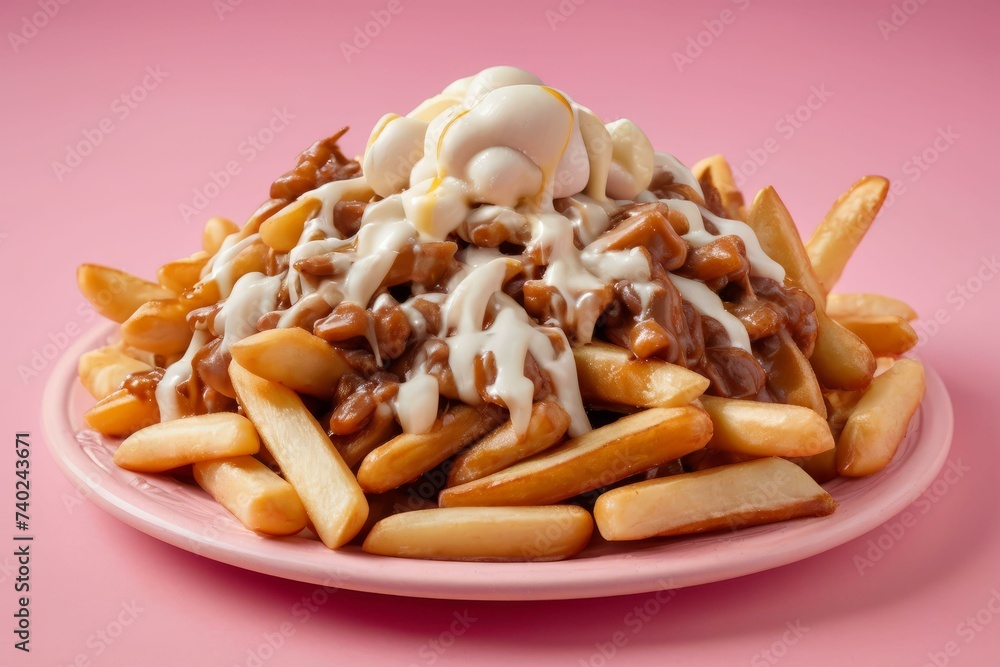 Poutine on Pink Plate Poutine on Pink Plate