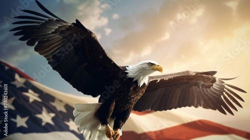 Bald eagle flies against American flag background.