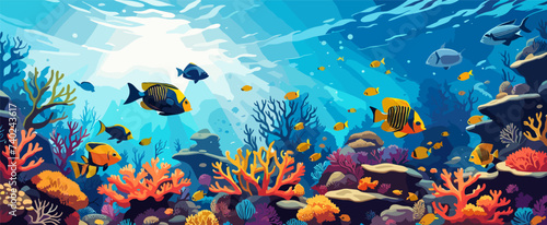 Underwater vector background, banner. Life at sea or ocean bottom. Exotic undersea world with coral reef, colorful fish, cute underwater creatures. Marine landscape, seascape. photo