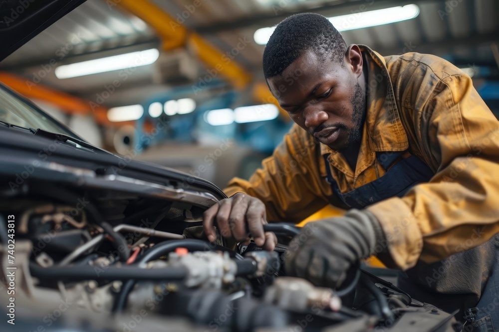Auto mechanic diligently repairing a car engine Highlighting the skill and precision required in automotive maintenance