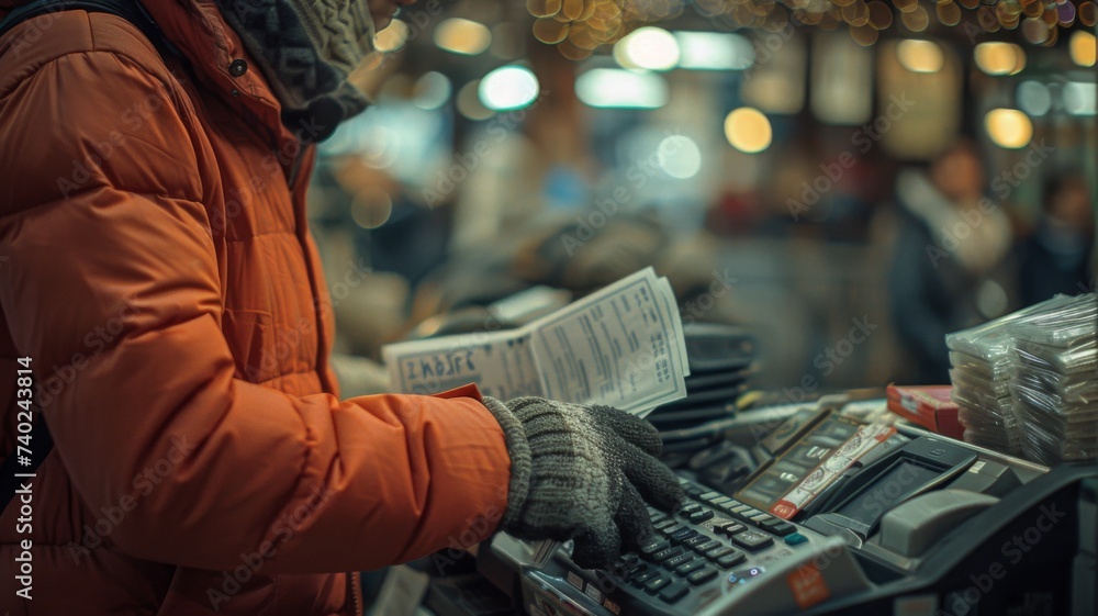 Winter Shopping Checkout - A person bundled up in winter clothing paying at a checkout counter, highlighting seasonal shopping activities. Winter Shopping Checkout - A person bundled up in winter clothing paying at a checkout counter, highlighting seasonal shopping activities.