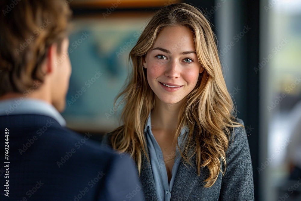 A woman's radiant smile captures the attention of a man, her layered brown hair framing her human face as she exudes confidence and warmth through her stylish clothing A woman's radiant smile captures the attention of a man, her layered brown hair framing her human face as she exudes confidence and warmth through her stylish clothing