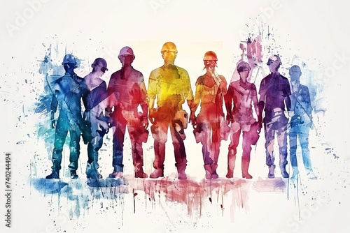 Group of workers illustrated in watercolor style Showcasing diversity and teamwork in a dynamic and artistic representation.