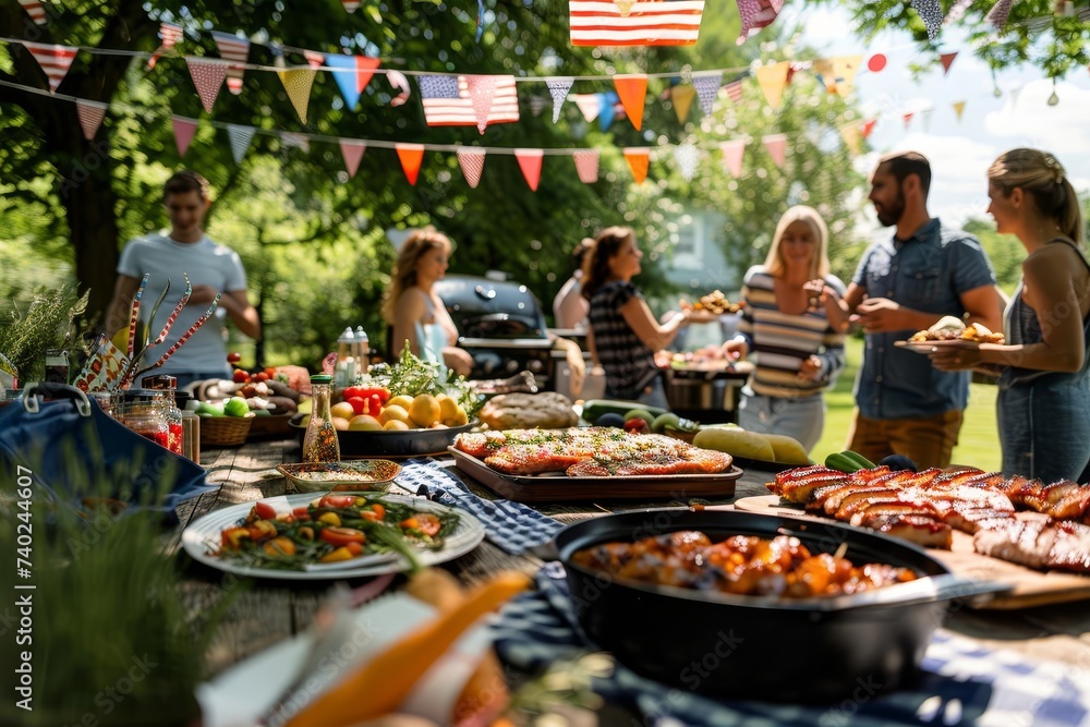 Joyful 4th of july barbecue scene with a group of friends or family enjoying delicious food and each other's company Celebrating american independence. - obrazy, fototapety, plakaty 