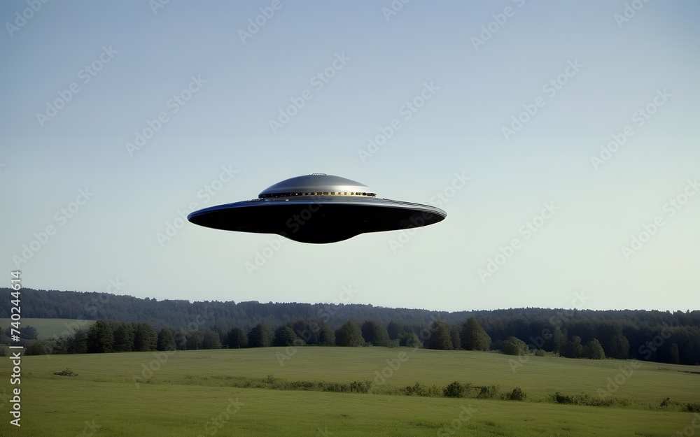 Alien UFO - unidentified flying object - or UAP - unidentified anomalous phenomena flying over a field. Concept image. Alien UFO - unidentified flying object - or UAP - unidentified anomalous phenomena flying over a field. Concept image.
