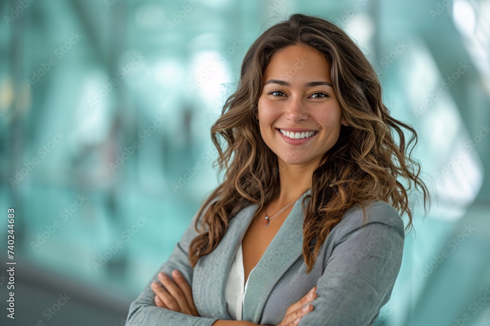 A radiant woman exudes confidence and warmth as she stands with crossed arms, her long layered hair framing her smiling face in this captivating portrait A radiant woman exudes confidence and warmth as she stands with crossed arms, her long layered hair framing her smiling face in this captivating portrait