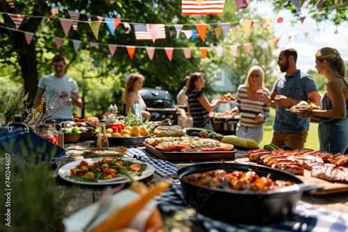 Joyful 4th of july barbecue scene with a group of friends or family enjoying delicious food and each other's company Celebrating american independence.