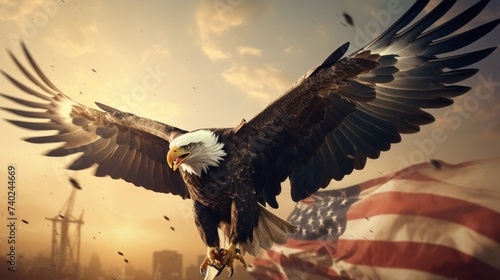 eagle flying in the sky holding an american flag in its talons. photo