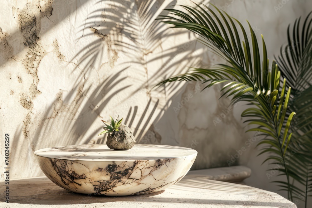 round marble 3d render natural stone podium with palm tree leaves decoration and shadows from them