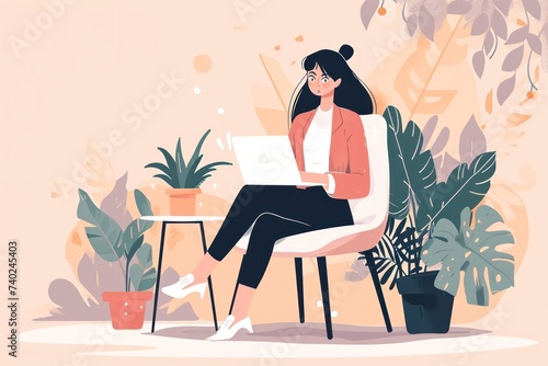 woman working on laptop pastel color minimal flat vector illustration. Digital nomad, female freelancer or it programmer girl.