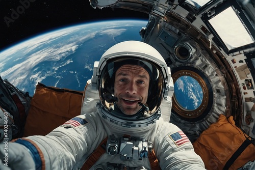 POV Selfie of a Man in a Space Suit Talking on a Video Call in Outer Space While Holding on to a Satellite. Astronaut Chatting with Family, Friends or Work Colleagues on a Phone App