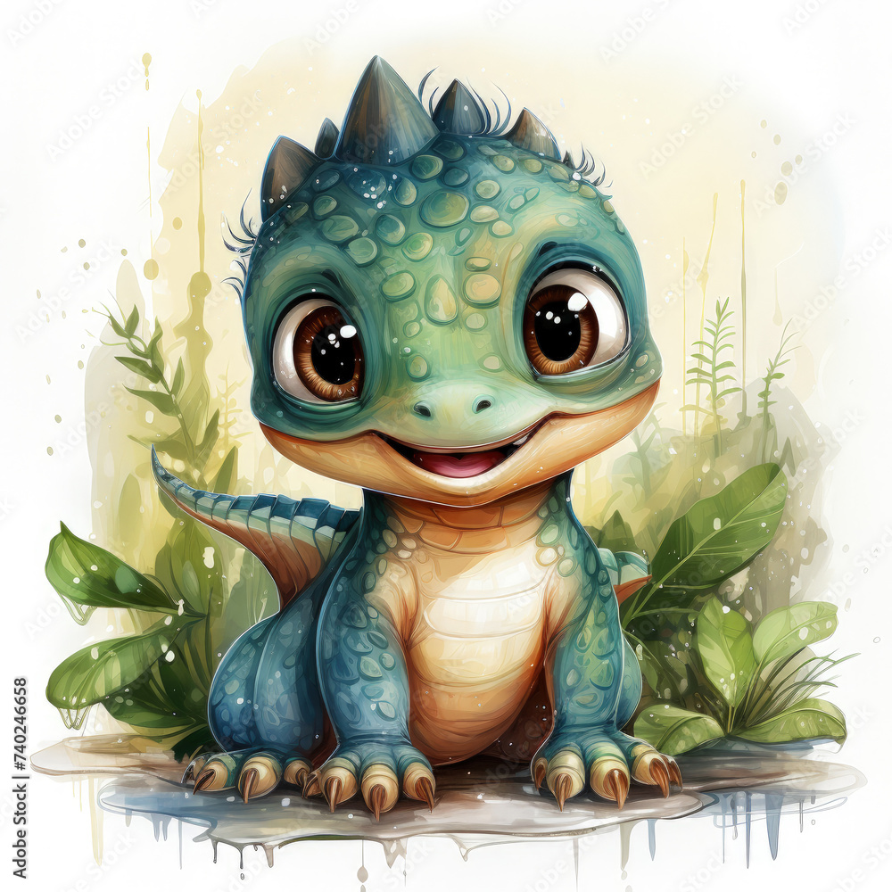 watercolor Cute Baby Dino clipart, Generative Ai watercolor Cute Baby Dino clipart, Generative Ai