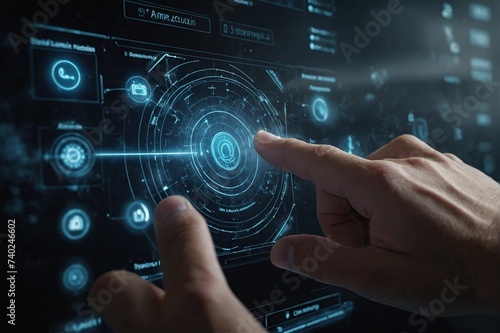 Press Activation Button Concept, Start of Digitalization and Visualization, Anonymous Human Finger Turns on Touch Screen Activates Technology, AI, Machine Learning, Big Data Concept, Cloud Computing