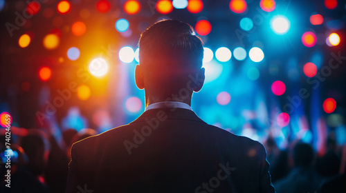 Man's Silhouette Against a Bright Stage Light, Reflecting the Ambition and Drive of Leadership and Public Life