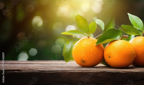 Fresh oranges on a wooden table with garden background