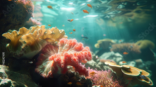 Colored corals at the bottom of the sea  marine background with fish