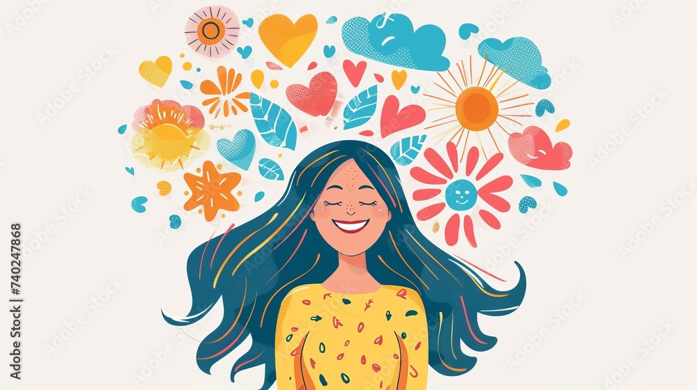 Mental health concept. Happiness, joy, thinking positive, having good thoughts in mind. Flat illustration