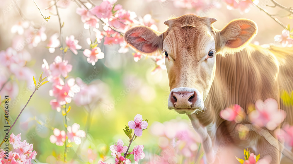 Cow in the spring blooming garden Cow in the spring blooming garden