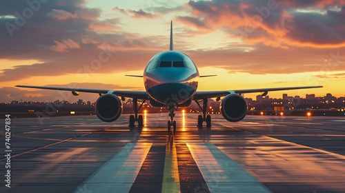 an airplane on runway at sunset