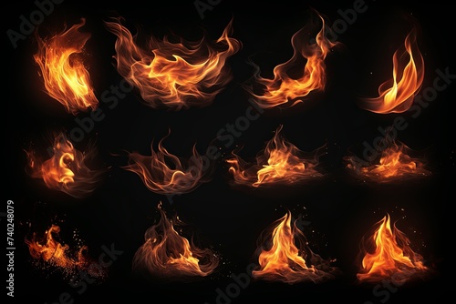 Fire burning flames set isolated on black background