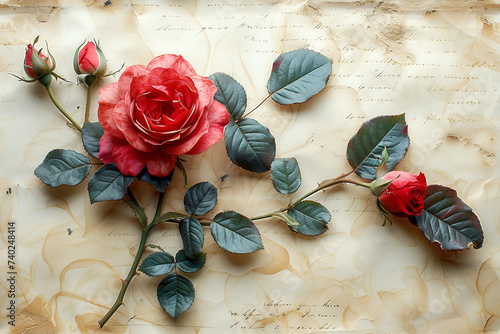 An old piece of paper with red roses. The background.