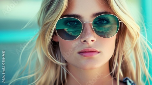 Focused woman with blonde hair and sunglasses in the head