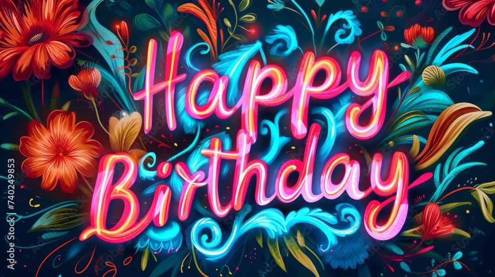 Happy Birthday lettering. Handwritten text with floral background