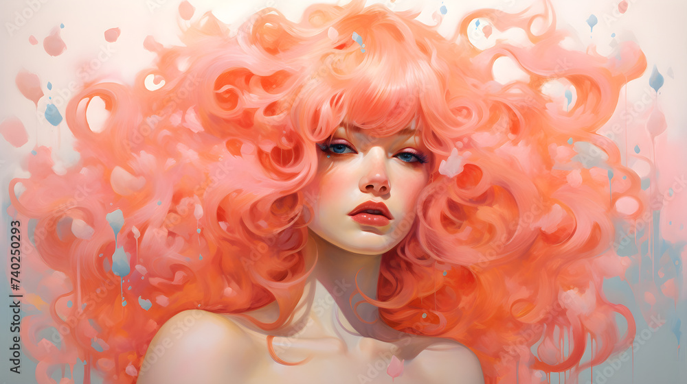 Watercolor illustration, beautiful woman with pink long hair
