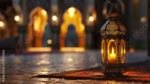 Free photo free photo ramadan kareem eid mubarak royal elegant lamp with mosque holy gate with fireworks
