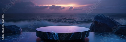 Mystical Sea Product Stage - Empty Marble platform with a dramatic sea background at twilight. Empty Space for display your products and cosmetic mockup.