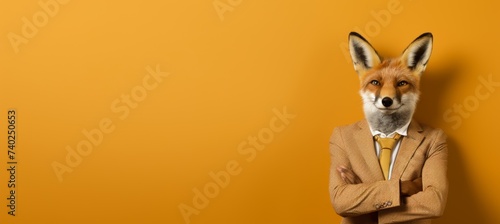 Anthropomorphic wolf in business attire at corporate office, studio shot with text space.