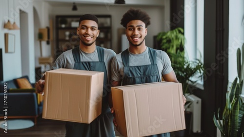 In the portrait, two young men dressed in working clothes are depicted, smiling and hugging each other. Around them, there are boxes and furniture indicating a move. The men's looks are filled with jo © boba