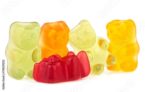 Colorful jelly gummy bears isolated on a white background. Delicious jelly treats.