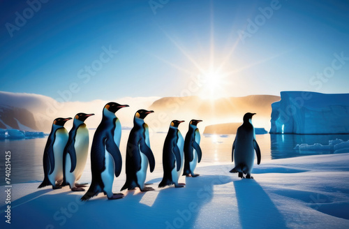 World Penguin Day  a flock of adult penguins on an ice floe  the kingdom of ice and snow  the far north  a snowy shore  an iceberg in the ocean  a frosty sunny day