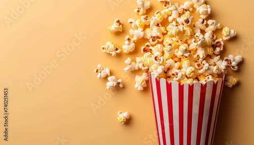 Scattered delicious popcorn from red striped box on pastel yellow background with text space