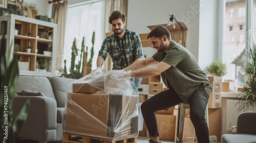 In the portrait, two young men dressed in working clothes are depicted, smiling and hugging each other. Around them, there are boxes and furniture indicating a move. The men's looks are filled with jo