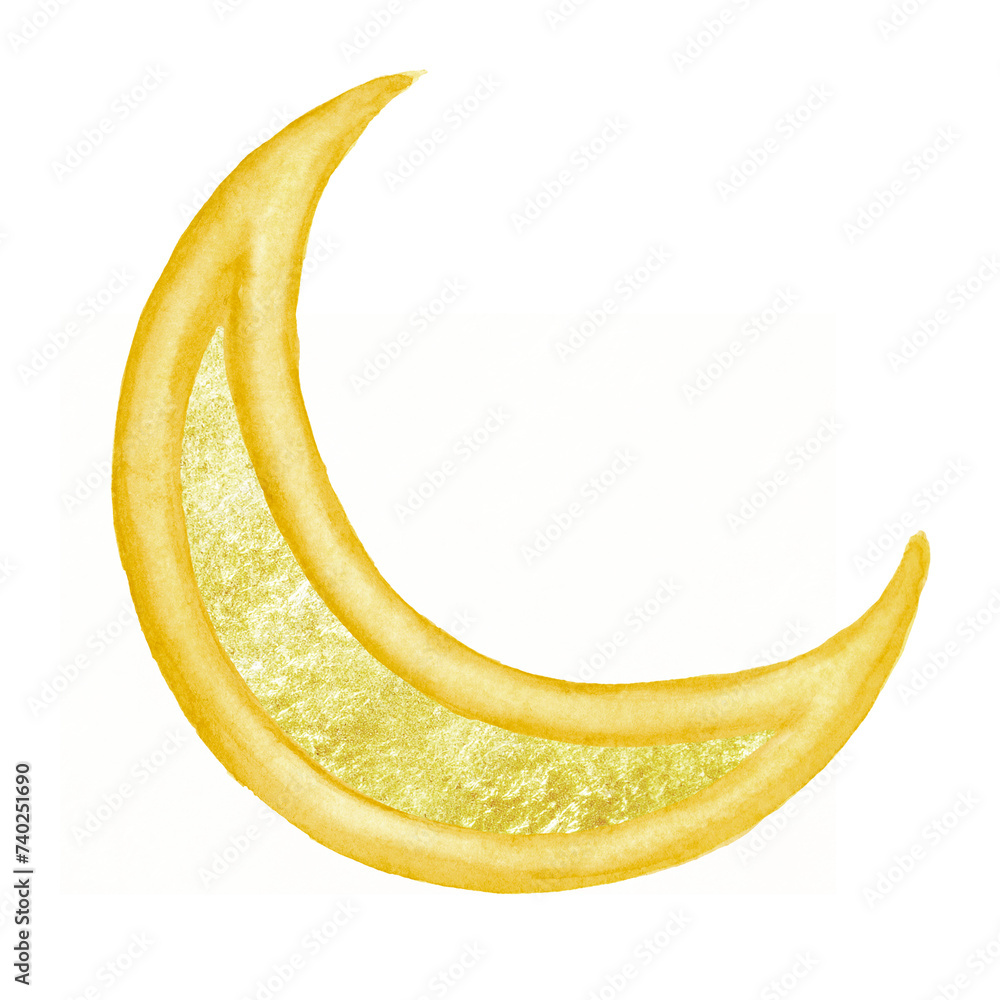 Ramadan crescent for concept of islamic celebration day ramadan kareem. Hand drawn watercolor illustration, isolated on white background Ramadan crescent for concept of islamic celebration day ramadan kareem. Hand drawn watercolor illustration, isolated on white background