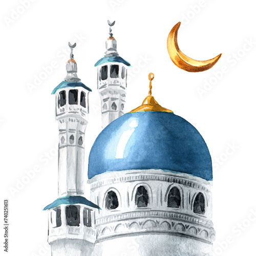 Islamic mosque, ramadan kareem concept, decorative card. Hand drawn watercolor illustration, isolated on white  background © dariaustiugova
