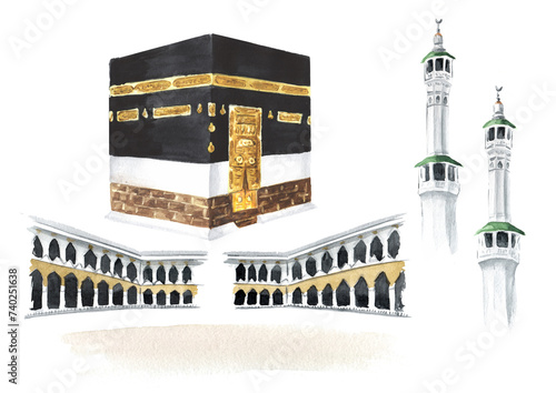 Kaaba and minarets in  Mecca, elements set. Hand drawn watercolor illustration, isolated on white  background © dariaustiugova