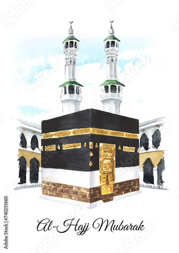 Kaaba and minarets of Grand Mosque in Mecca, islamic pilgrimage concept. Hand drawn watercolor illustration, isolated on white  background