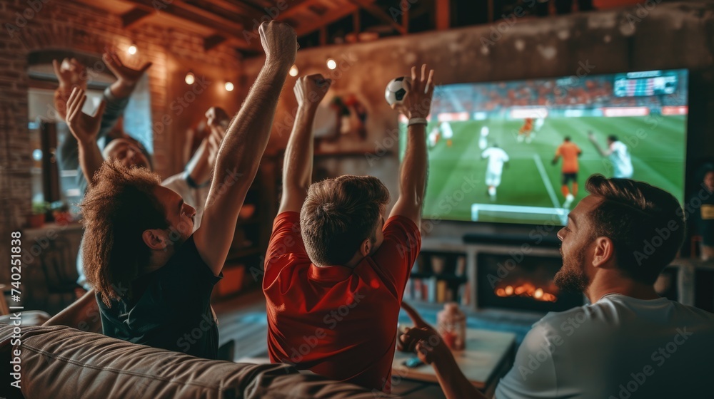 A group of fans enjoying a soccer match on a couch, captivated by the television, football TV experiencing the fun and entertainment of the world favorite sport. AIG41 - obrazy, fototapety, plakaty 