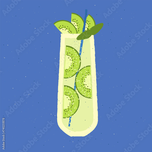 Green cocktail with kiwi and leaf. Fruit mocktail. Sage romance. Alcohol drink for bar. Cold soft liquid in tall glass. High glass. Non-alcoholic beverage. Flat vector illustration with texture